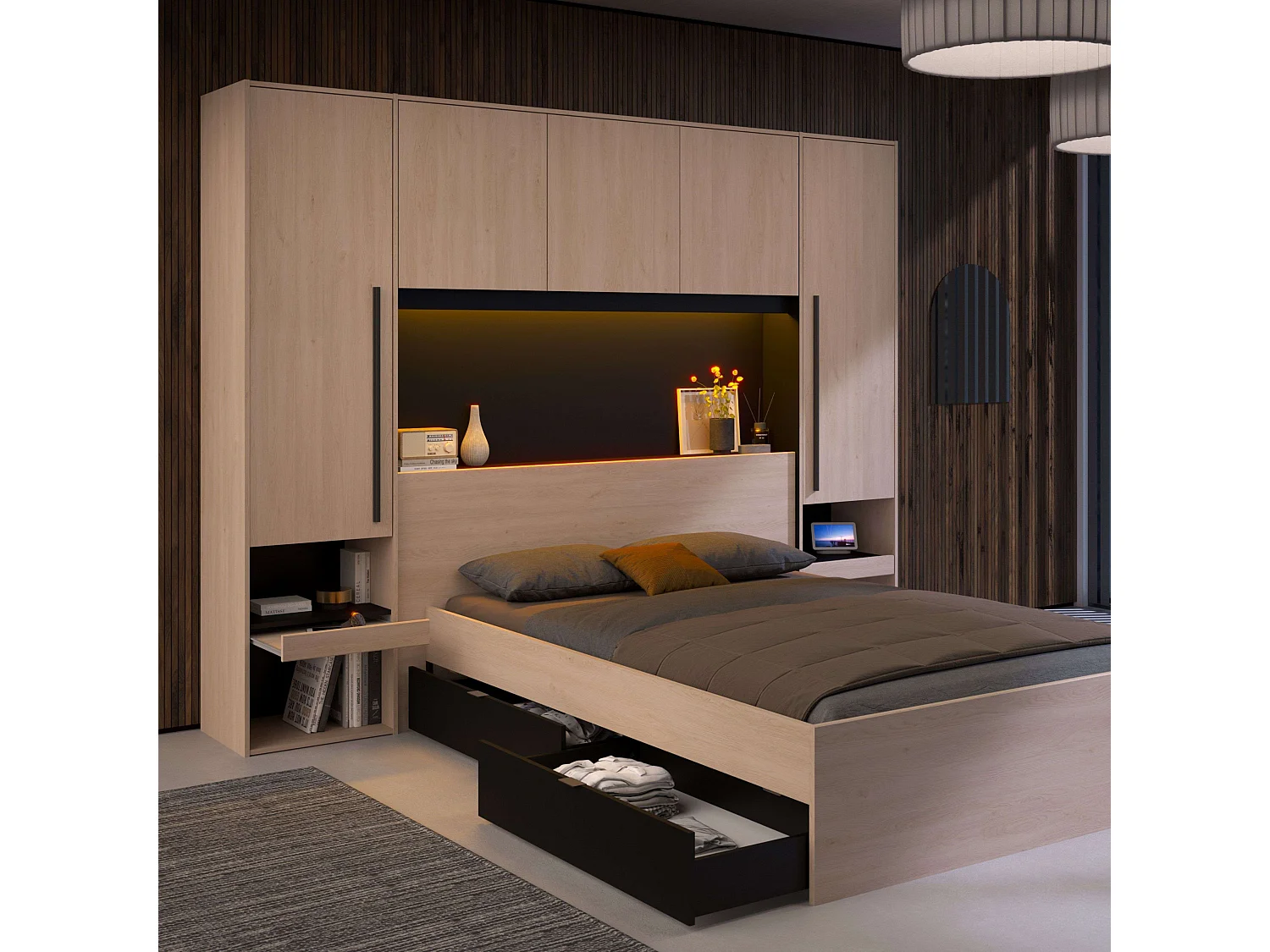 Cama Doble John c/cajones Roble Brooklyn y Negro Stipple 135-140x190 cm