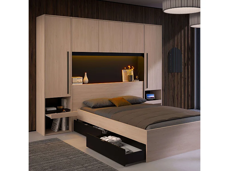 Cama Doble John c/cajones Roble Brooklyn y Negro Stipple 135-140x190 cm