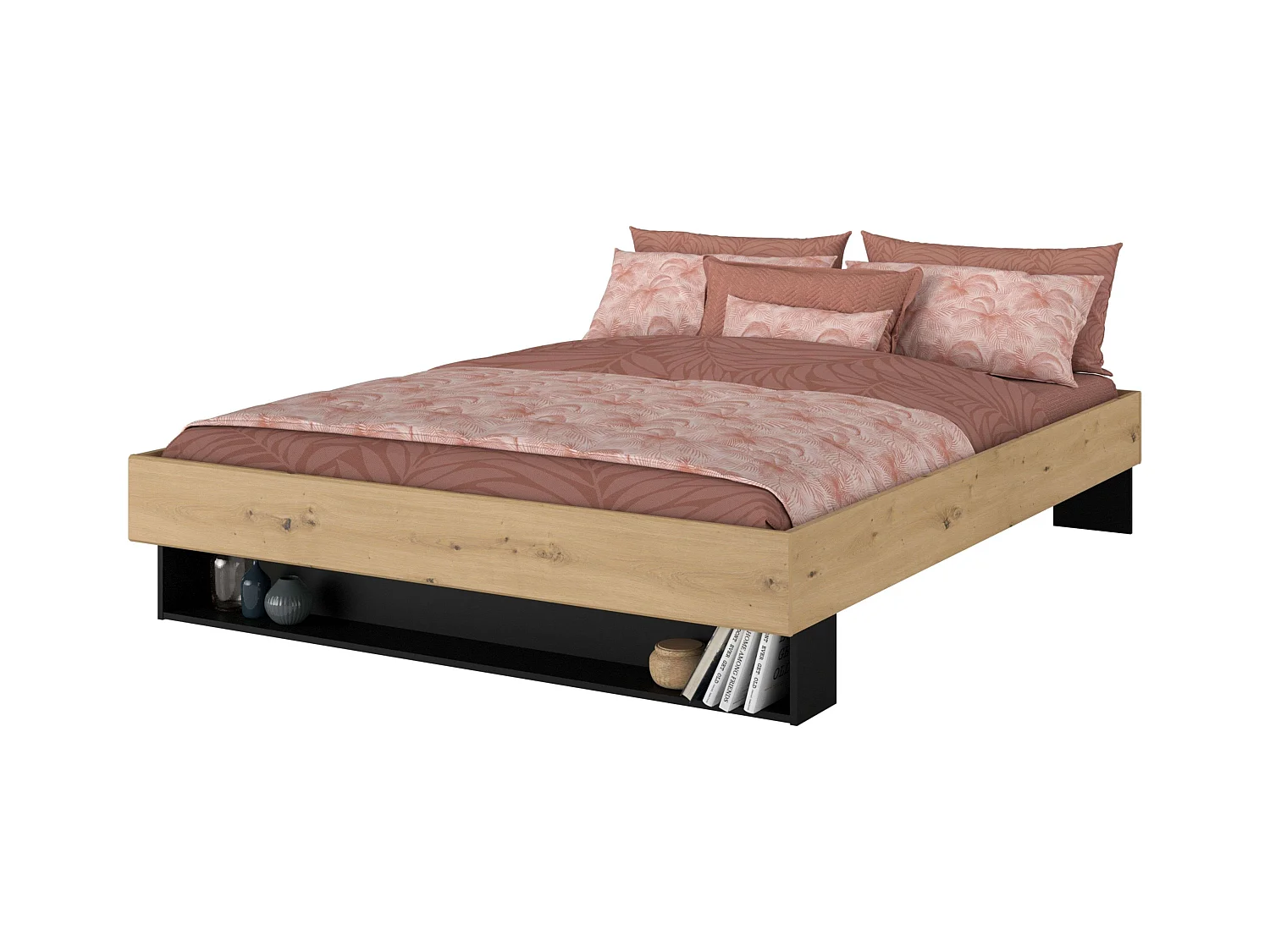 Cama Matrimonio Lampe Dormirotio, Roble/Negro Stipple, 160x200 cm