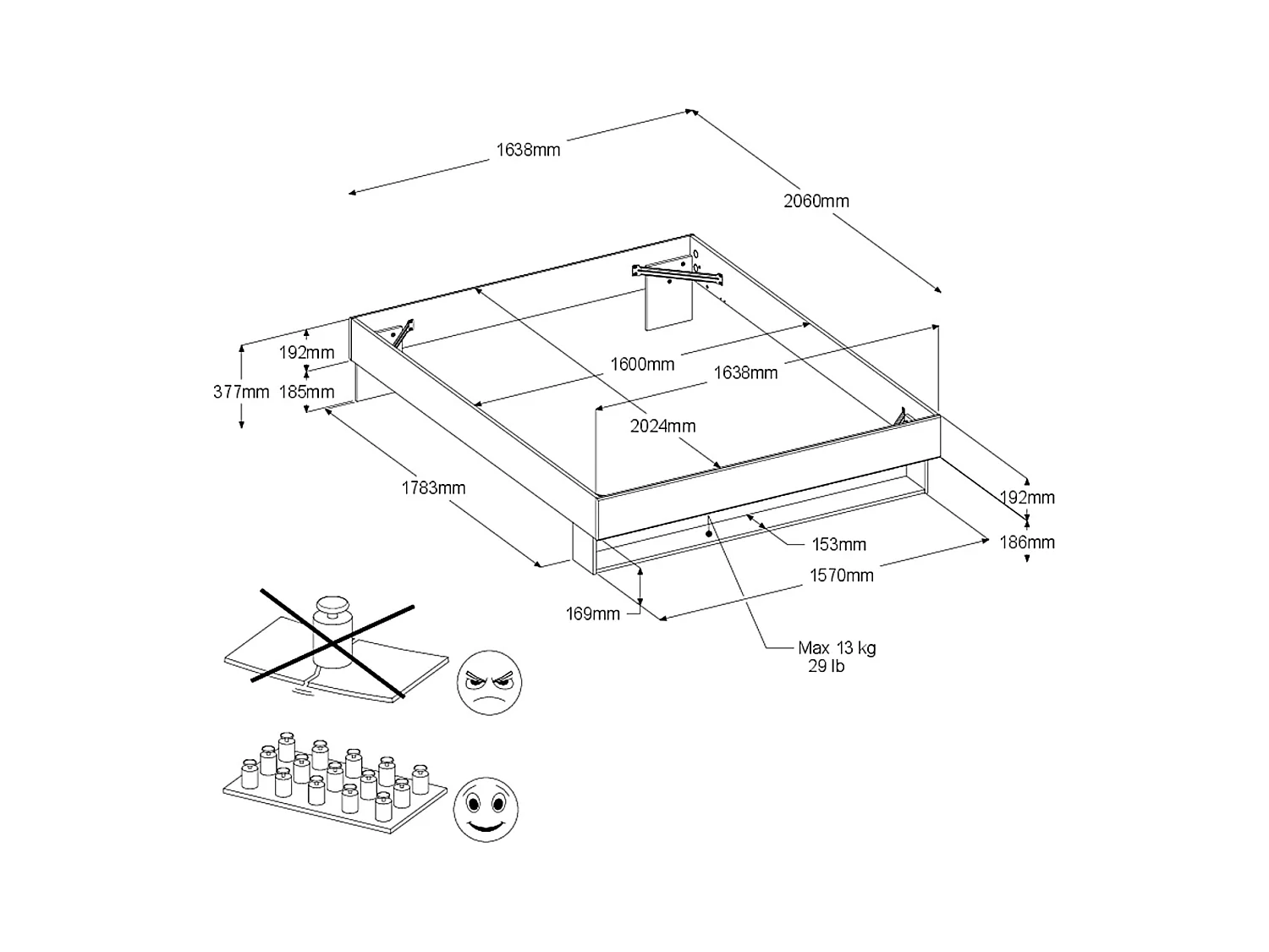 Cama Matrimonio Lampe Dormirotio, Roble/Negro Stipple, 160x200 cm