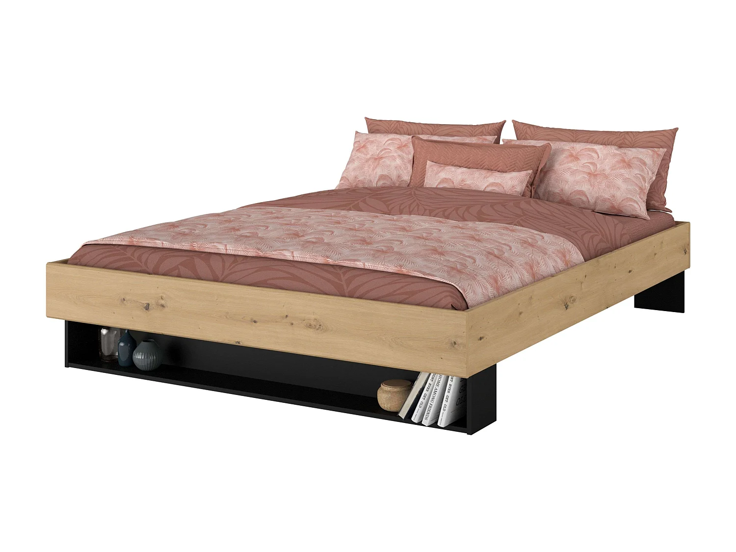 Cama Matrimonio Lampe Dormirotio, Roble/Negro Stipple, 160x200 cm