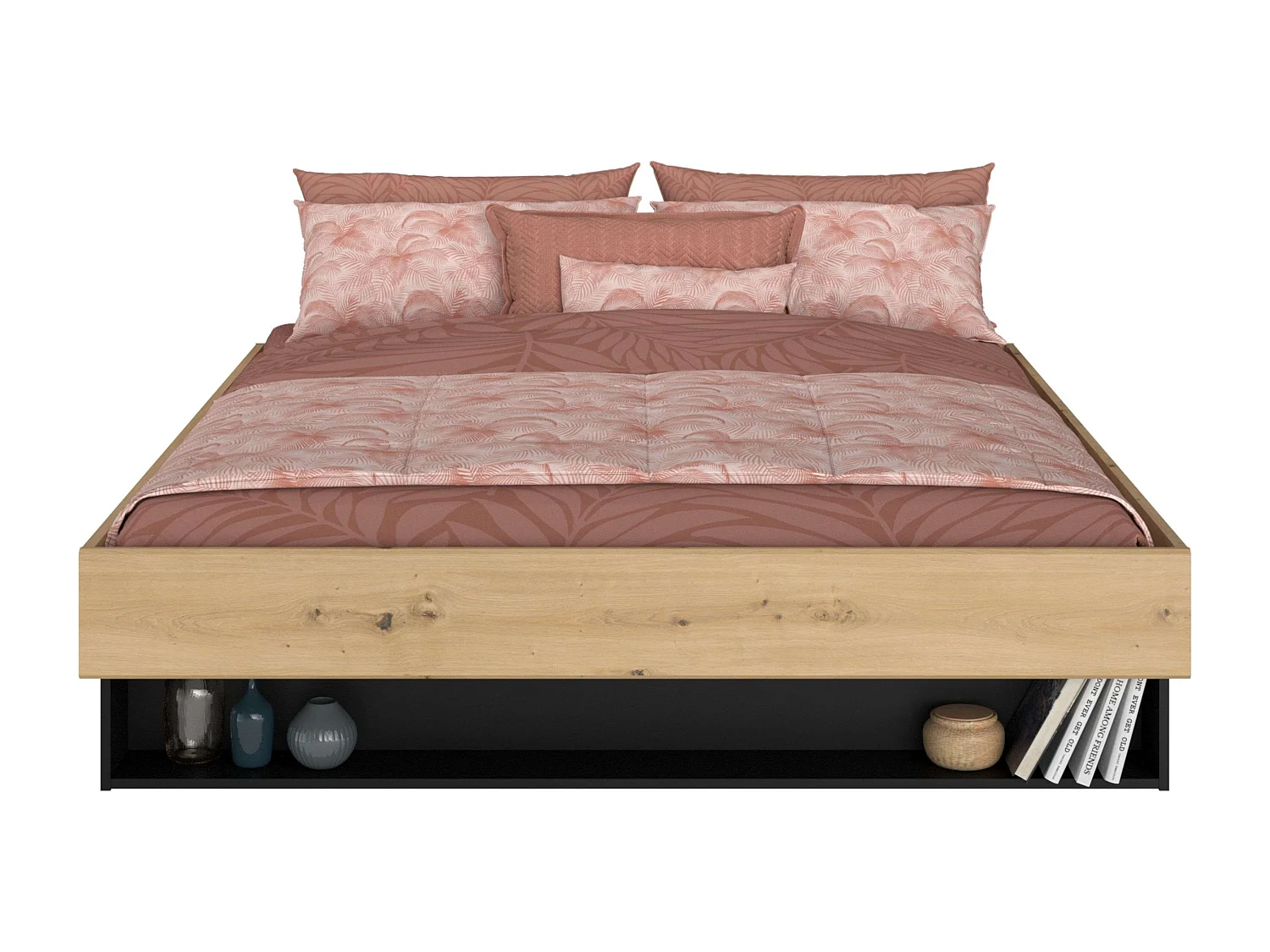 Cama Matrimonio Lampe Dormirotio, Roble/Negro Stipple, 160x200 cm