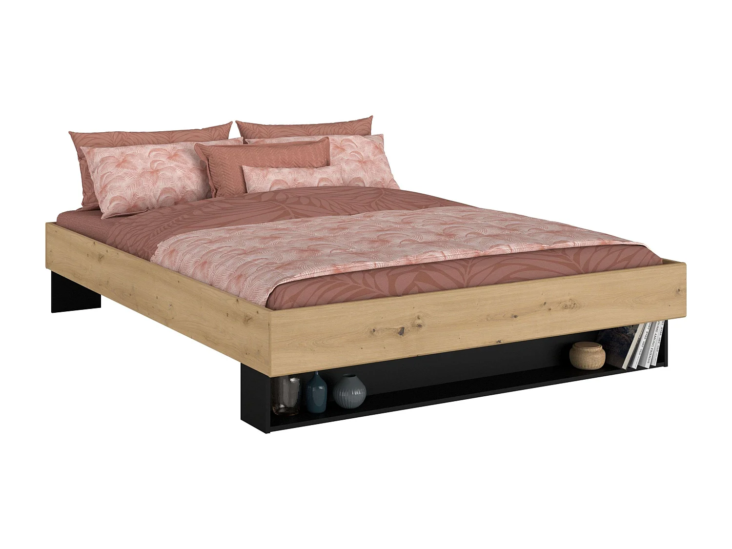 Cama Matrimonio Lampe Dormirotio, Roble/Negro Stipple, 160x200 cm