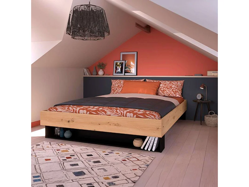 Cama Matrimonio Lampe Dormirotio, Roble/Negro Stipple, 160x200 cm