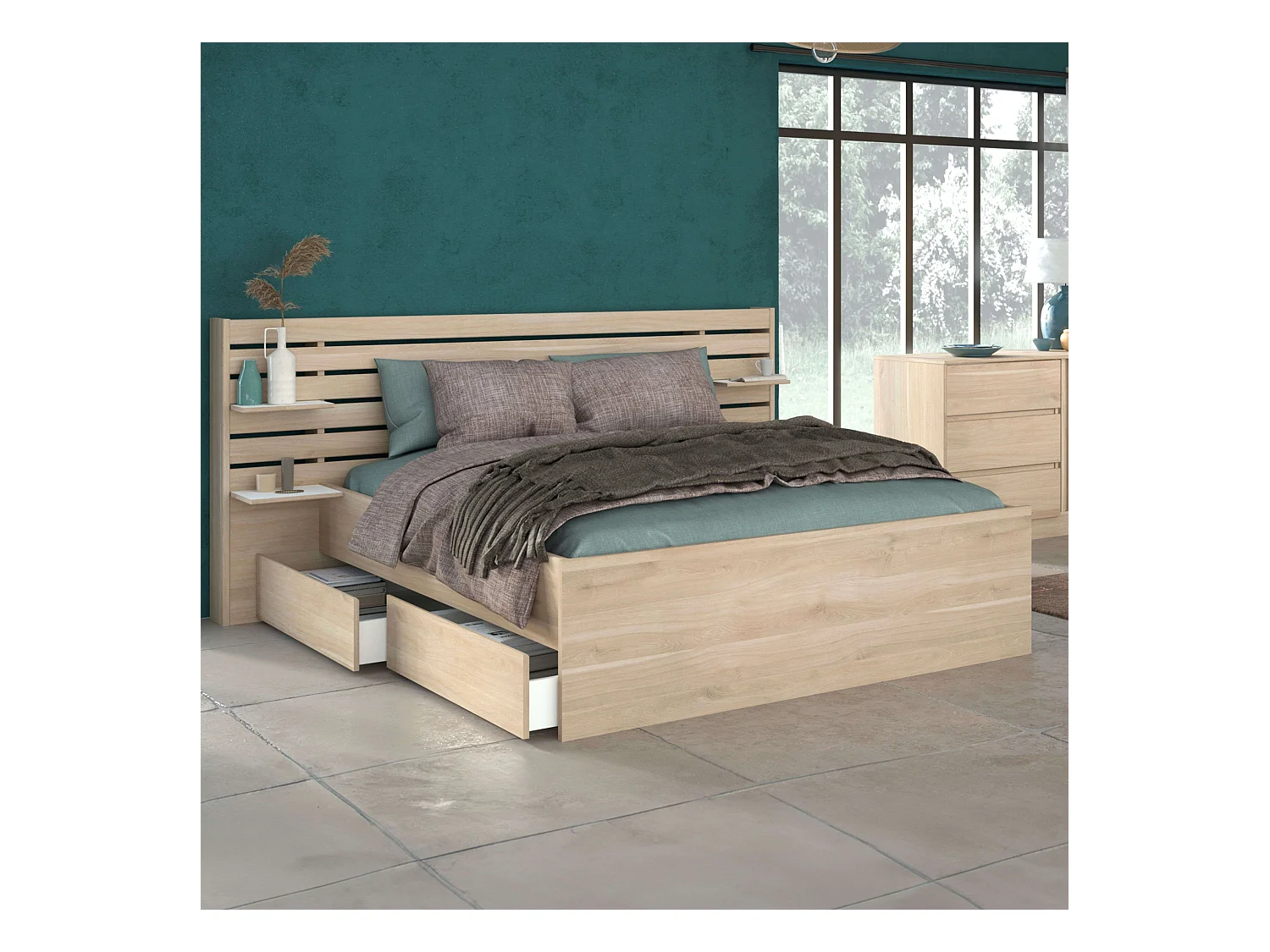Cama matrimonio cabecero cajones color roble japonés 135-140x200 cm