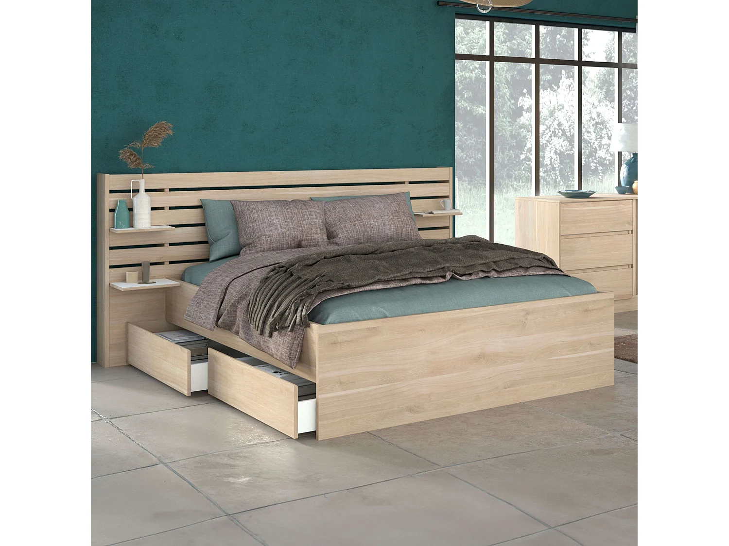 Cama matrimonio cabecero cajones color roble japonés 135-140x200 cm