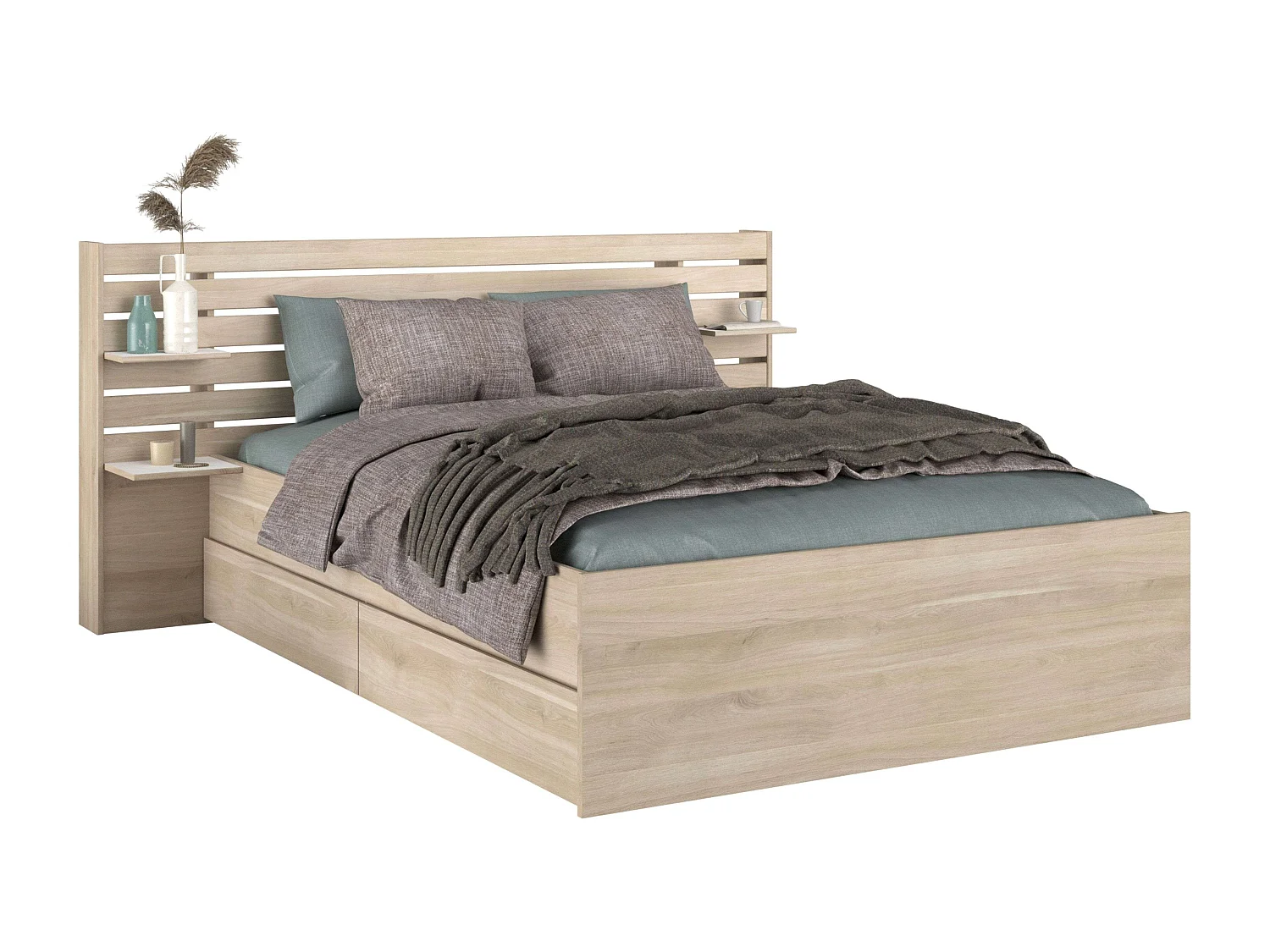 Cama matrimonio cabecero cajones color roble japonés 135-140x200 cm