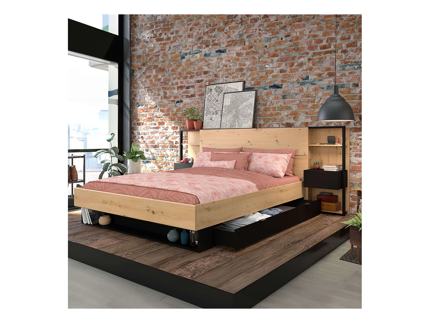 Pack Cama Doble Lampe con Cajones y Cabecero Negro/Roble 160x200