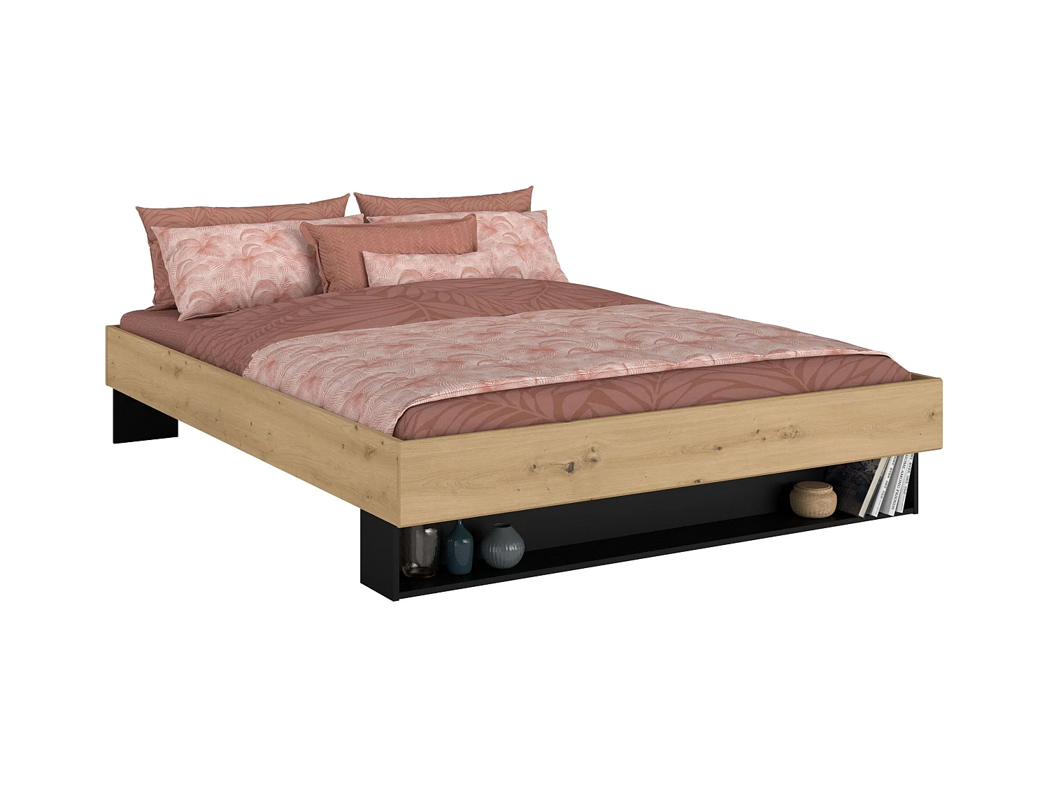 Pack Cama Doble Lampe con Cajones y Cabecero Negro/Roble 160x200