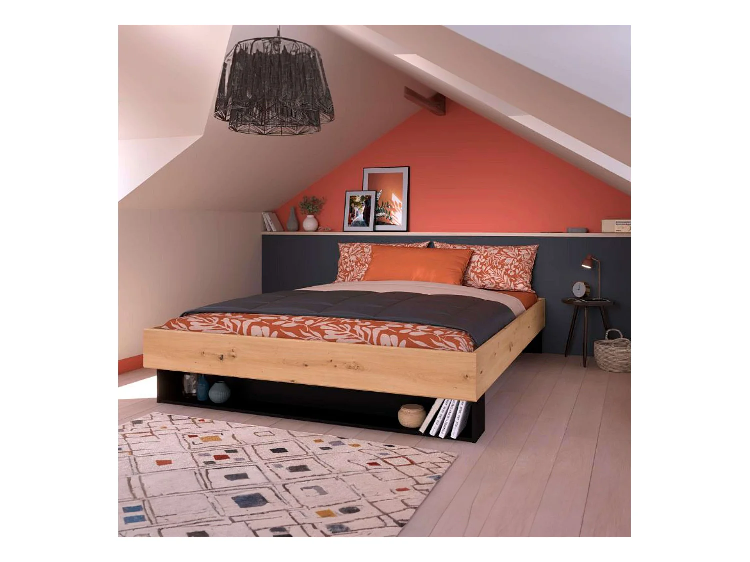 Pack Cama Doble Lampe con Cajones y Cabecero Negro/Roble 160x200