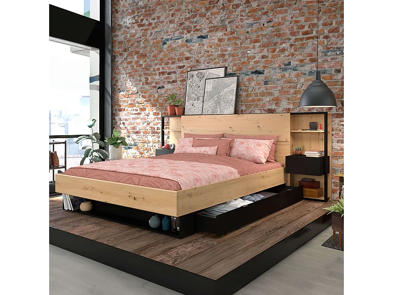 Pack Cama Doble Lampe con Cajones y Cabecero Negro/Roble 160x200