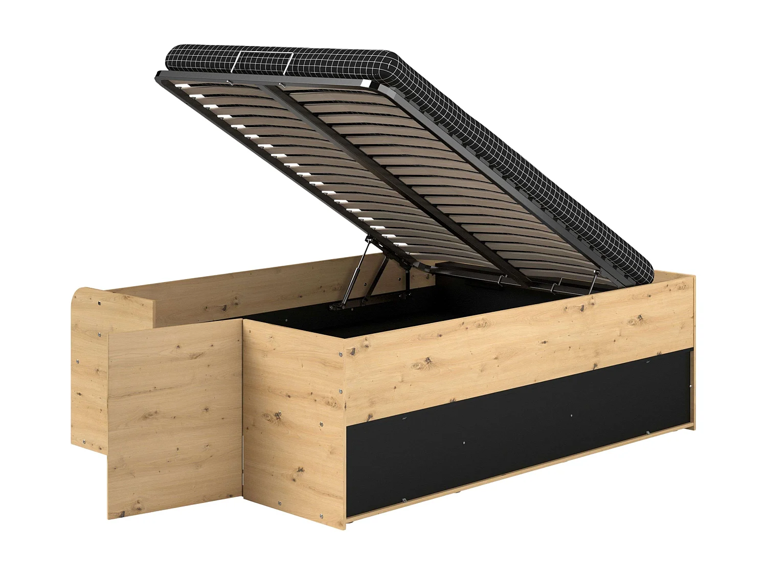 Cama alta con somier y almacenaje Roble/Negro 135/140x193/200 cm