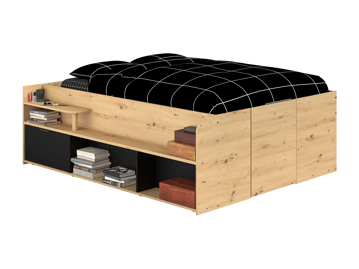 Cama alta con somier y almacenaje Roble/Negro 135/140x193/200 cm