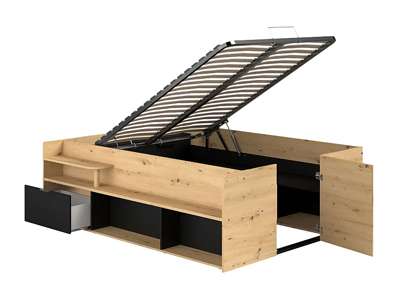 Cama alta con somier y almacenaje Roble/Negro 135/140x193/200 cm