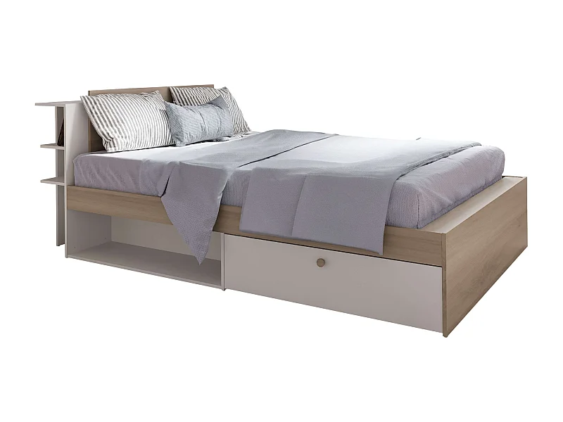 Cama matrimonio Life roble Kronberg/blanco mate con cabecero y 2 cajones