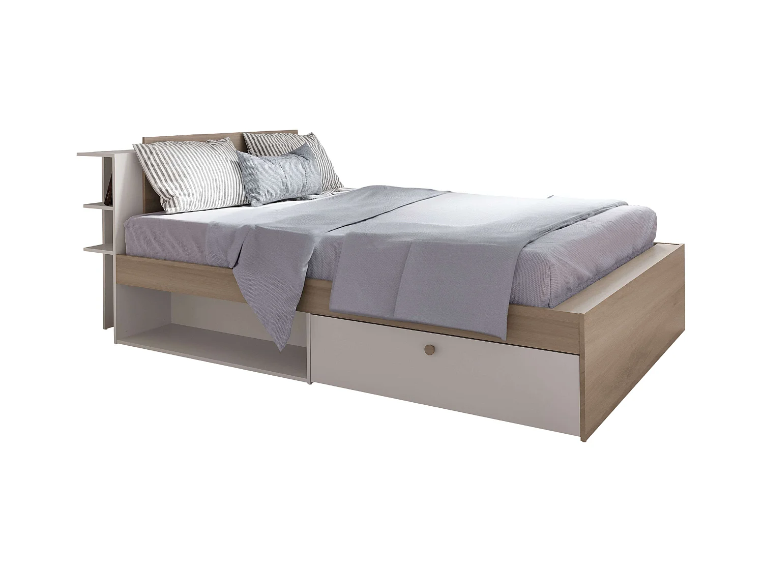 Cama matrimonio Life roble Kronberg/blanco mate con cabecero y 2 cajones