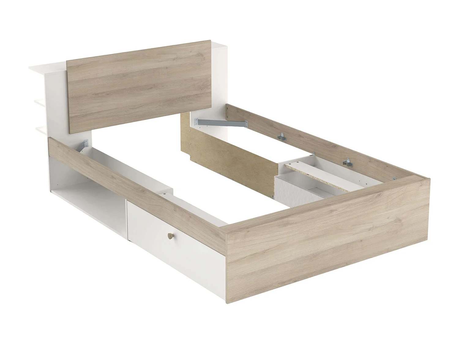 Cama matrimonio Life roble Kronberg/blanco mate con cabecero y 2 cajones