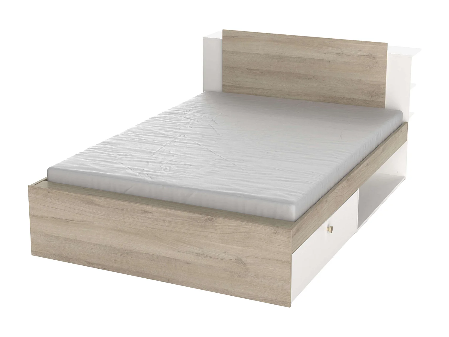 Cama matrimonio Life roble Kronberg/blanco mate con cabecero y 2 cajones