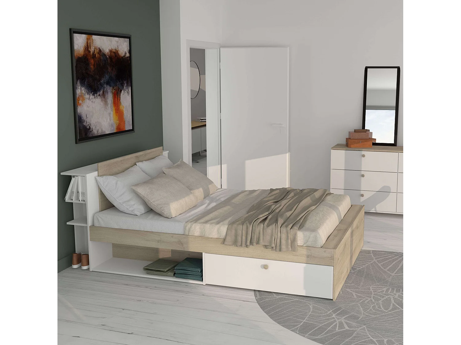 Cama matrimonio Life roble Kronberg/blanco mate con cabecero y 2 cajones
