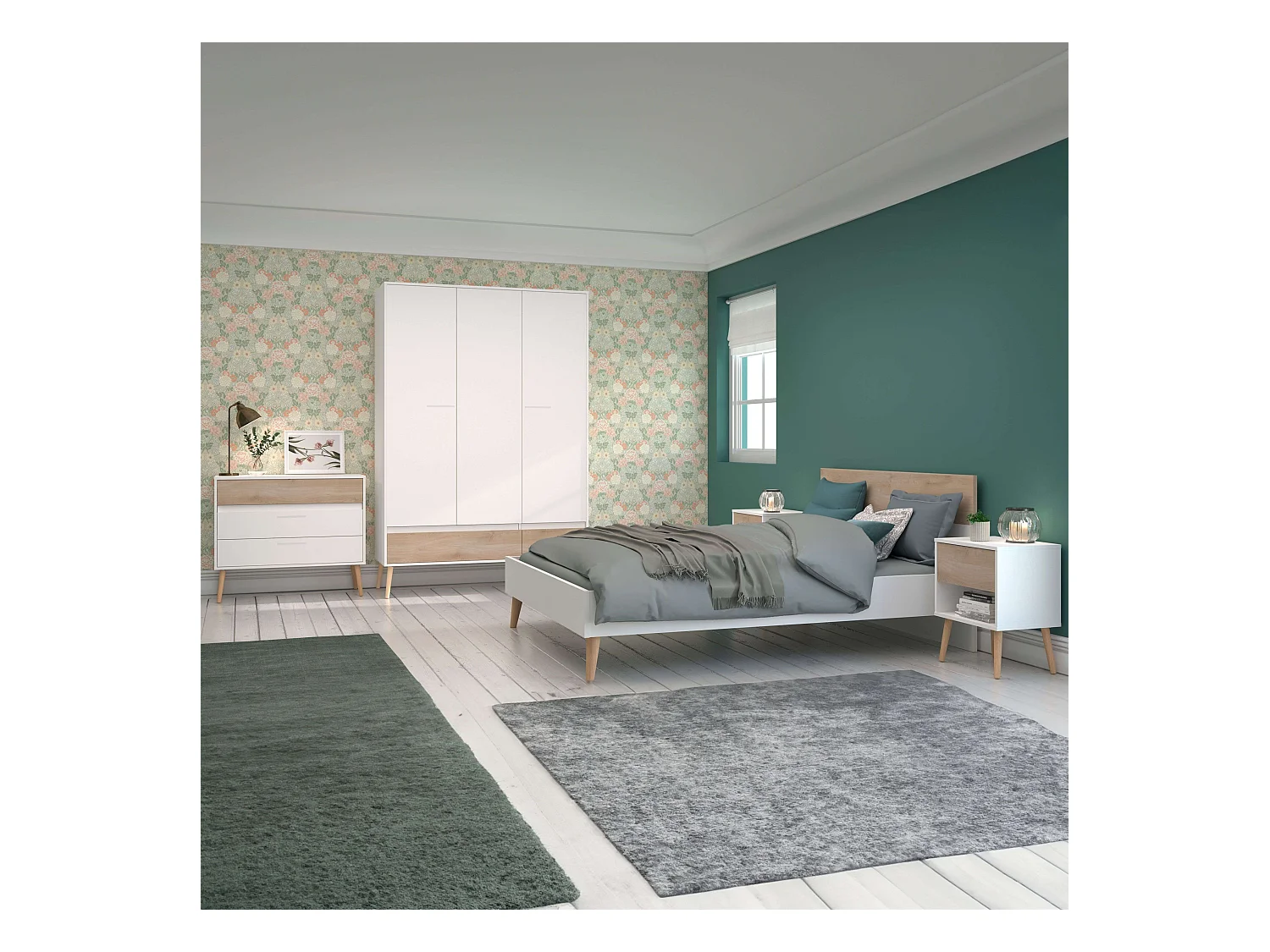 Cama de casal nórdica Osaka carvalho japonês/branco 135-140x190 cm