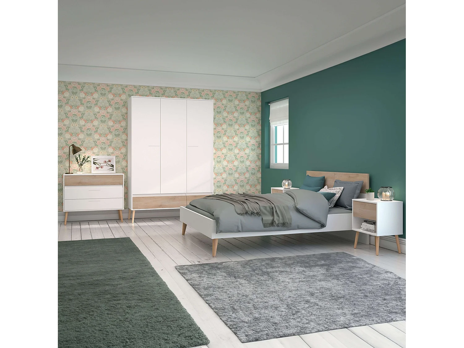 Cama de casal nórdica Osaka carvalho japonês/branco 135-140x190 cm