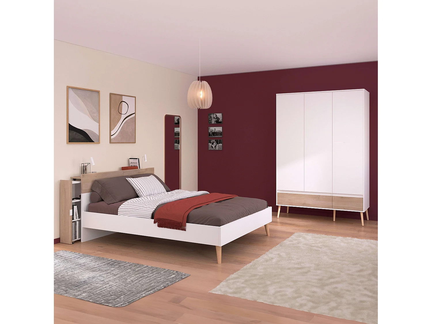 Cama de casal nórdica Osaka carvalho japonês/branco 135-140x190 cm