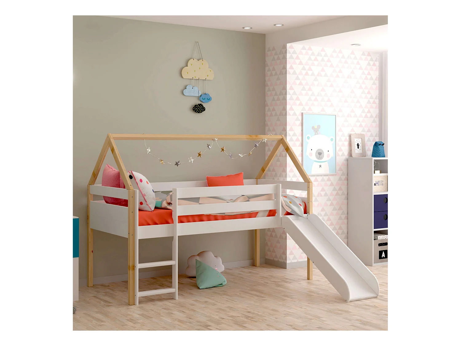 Lit enfant toboggan Carnival White et Cambrian Oak 90x190 cm