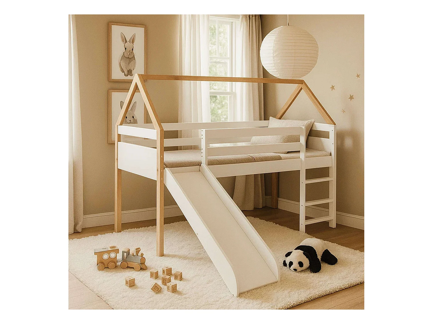 Lit enfant toboggan Carnival White et Cambrian Oak 90x190 cm