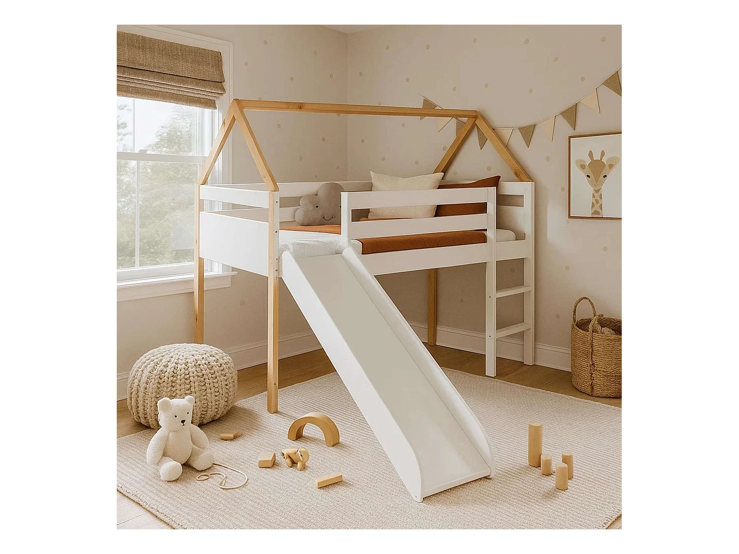 Lit enfant toboggan Carnival White et Cambrian Oak 90x190 cm