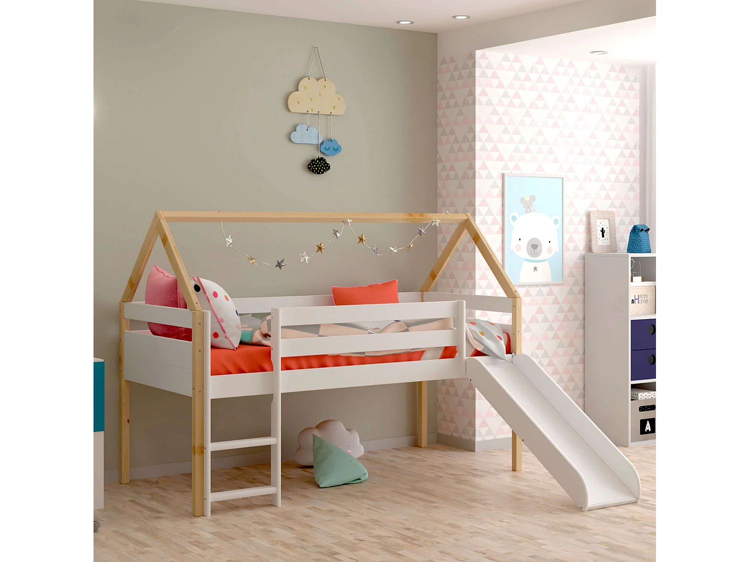 Cama Juvenil Infantil Tobogan Carnival Blanco y Roble Cambrian 90x190 cm