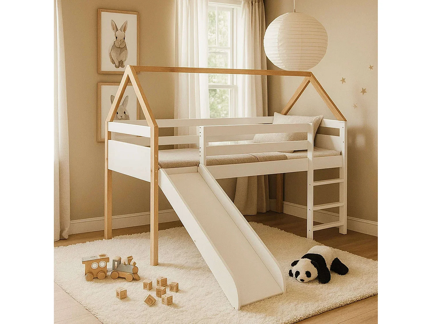 Cama Juvenil Infantil Tobogan Carnival Blanco y Roble Cambrian 90x190 cm