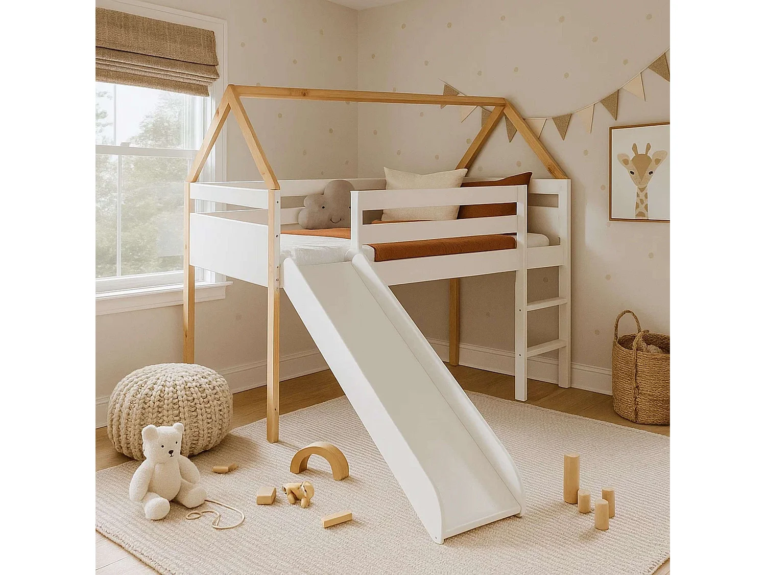 Cama Juvenil Infantil Tobogan Carnival Blanco y Roble Cambrian 90x190 cm