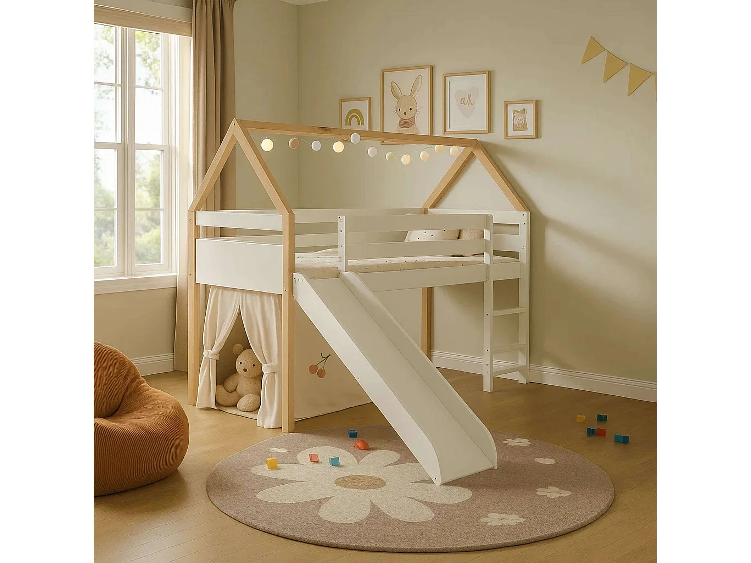 Cama Juvenil Infantil Tobogan Carnival Blanco y Roble Cambrian 90x190 cm