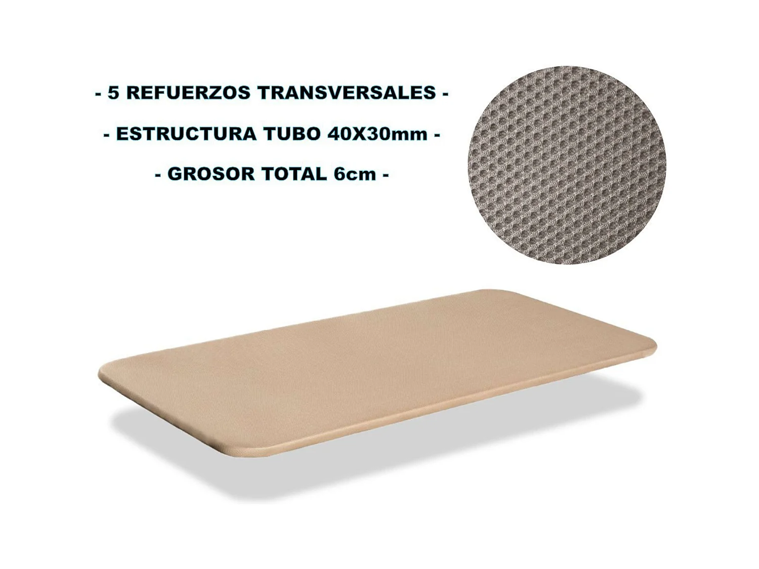 Base Tapizada 3D Contemporánea Beige, 105x190 cm con 5 Refuerzos y 6 Patas