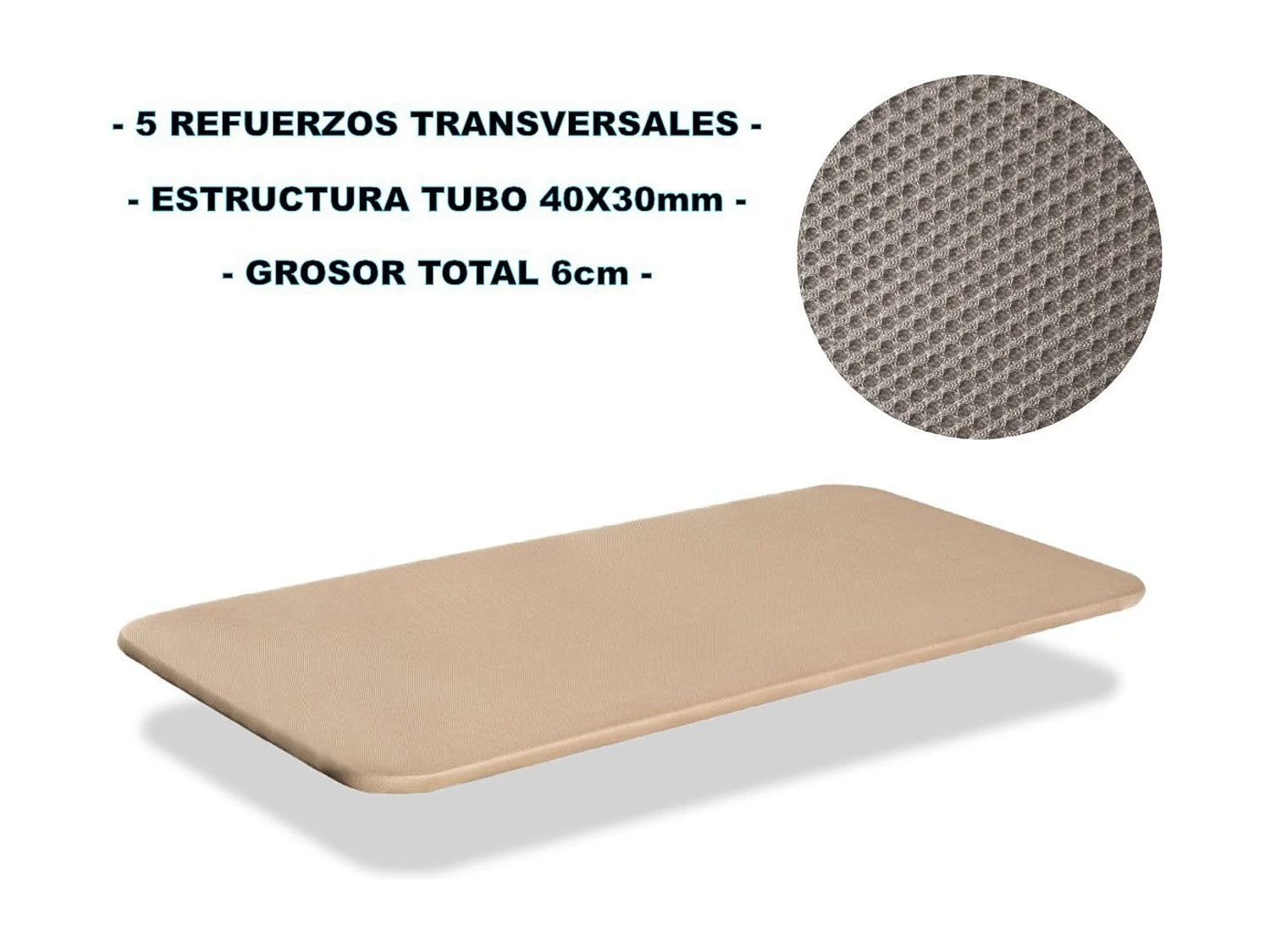 Base Tapizada 3D Contemporánea Beige, 105x190 cm con 5 Refuerzos y 6 Patas