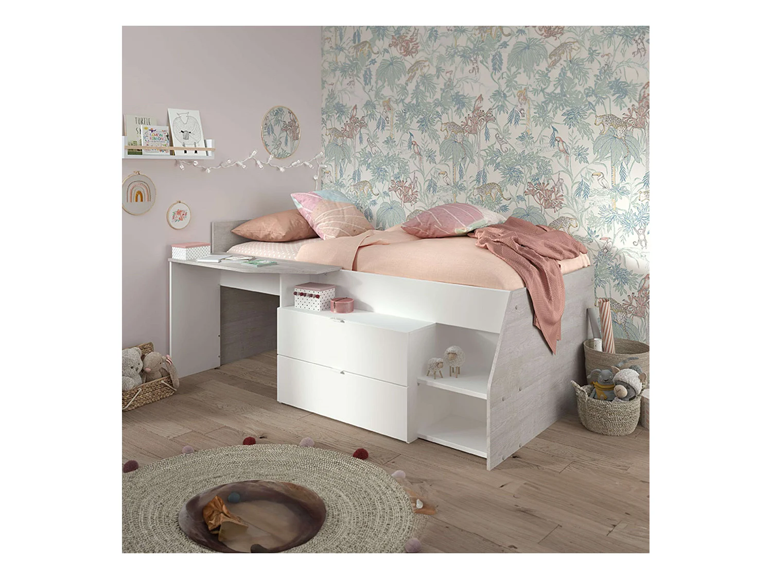 Cama Valky con escritorio 2 caj. blanco/gris dormitorio mueble 90X200/190 cm