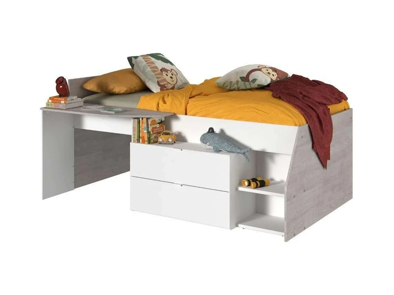 Cama Valky con escritorio 2 caj. blanco/gris dormitorio mueble 90X200/190 cm