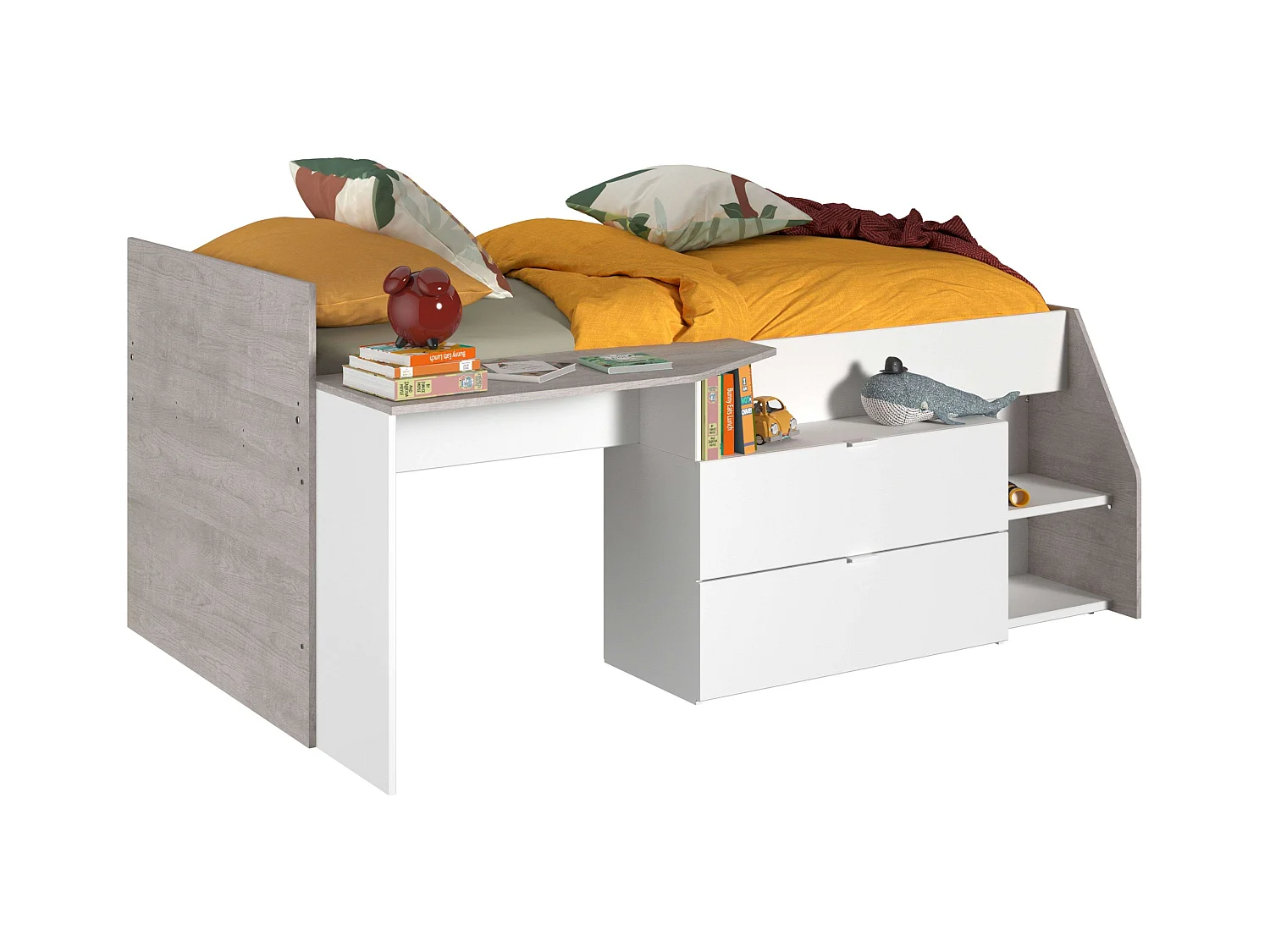 Cama Valky con escritorio 2 caj. blanco/gris dormitorio mueble 90X200/190 cm