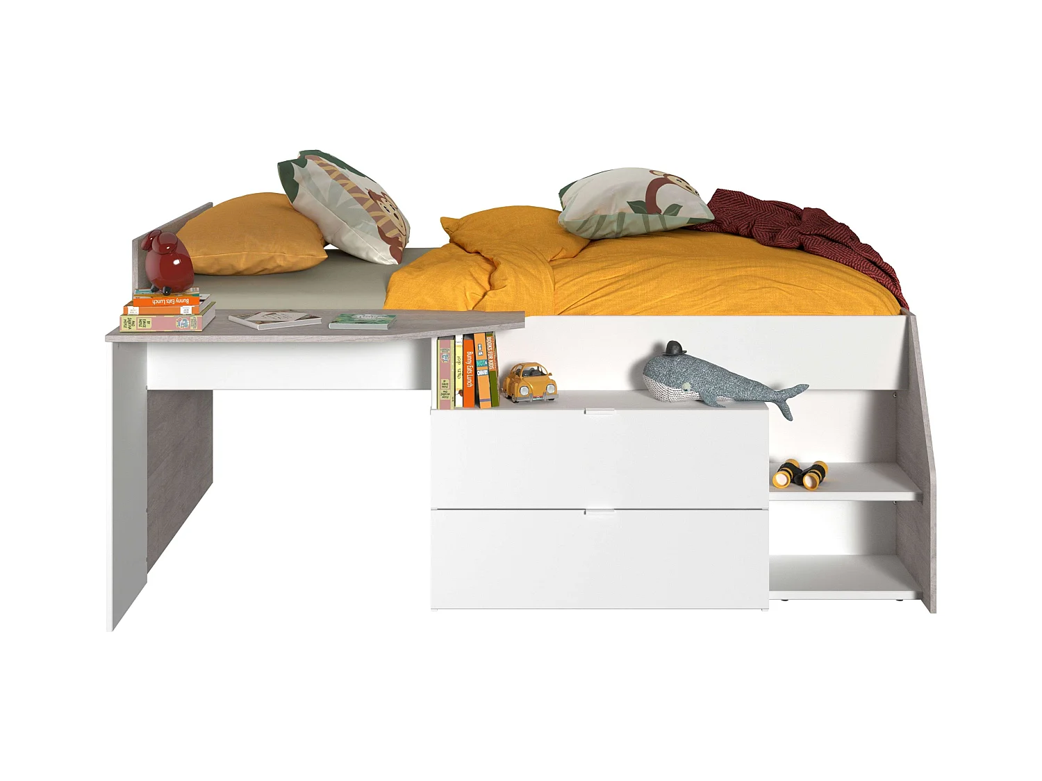 Cama Valky con escritorio 2 caj. blanco/gris dormitorio mueble 90X200/190 cm