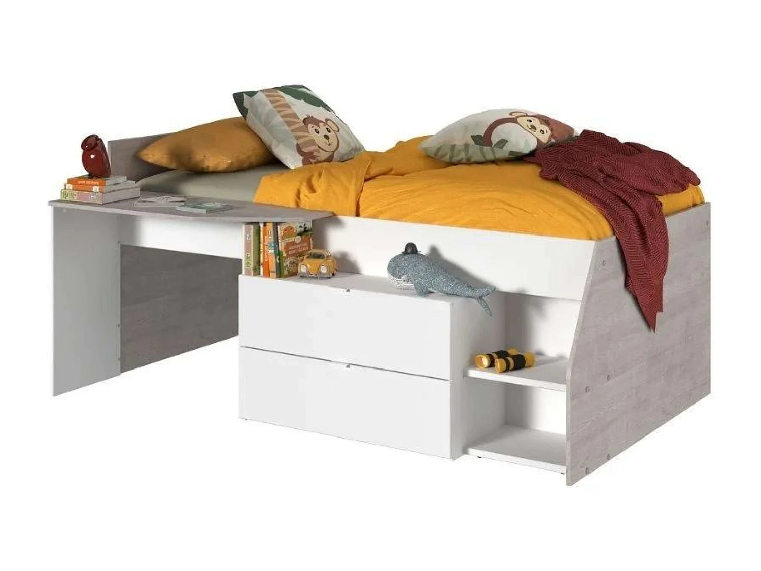 Cama Valky con escritorio 2 caj. blanco/gris dormitorio mueble 90X200/190 cm