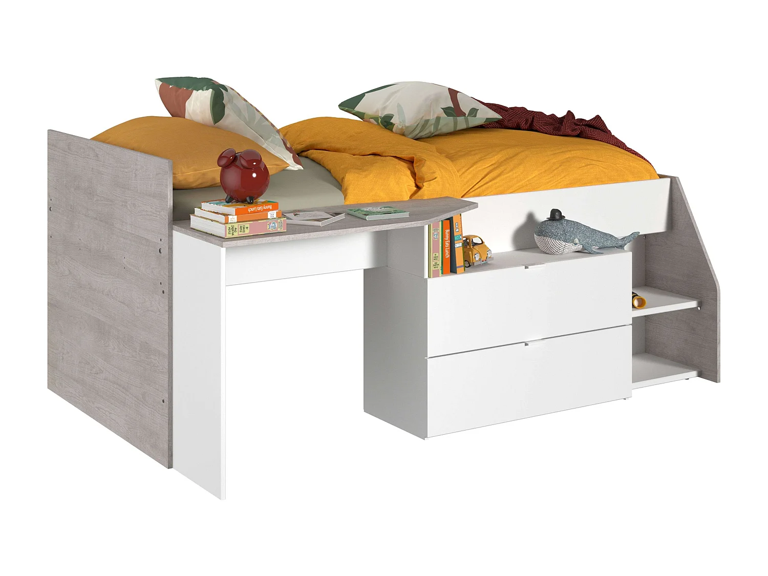 Cama Valky con escritorio 2 caj. blanco/gris dormitorio mueble 90X200/190 cm