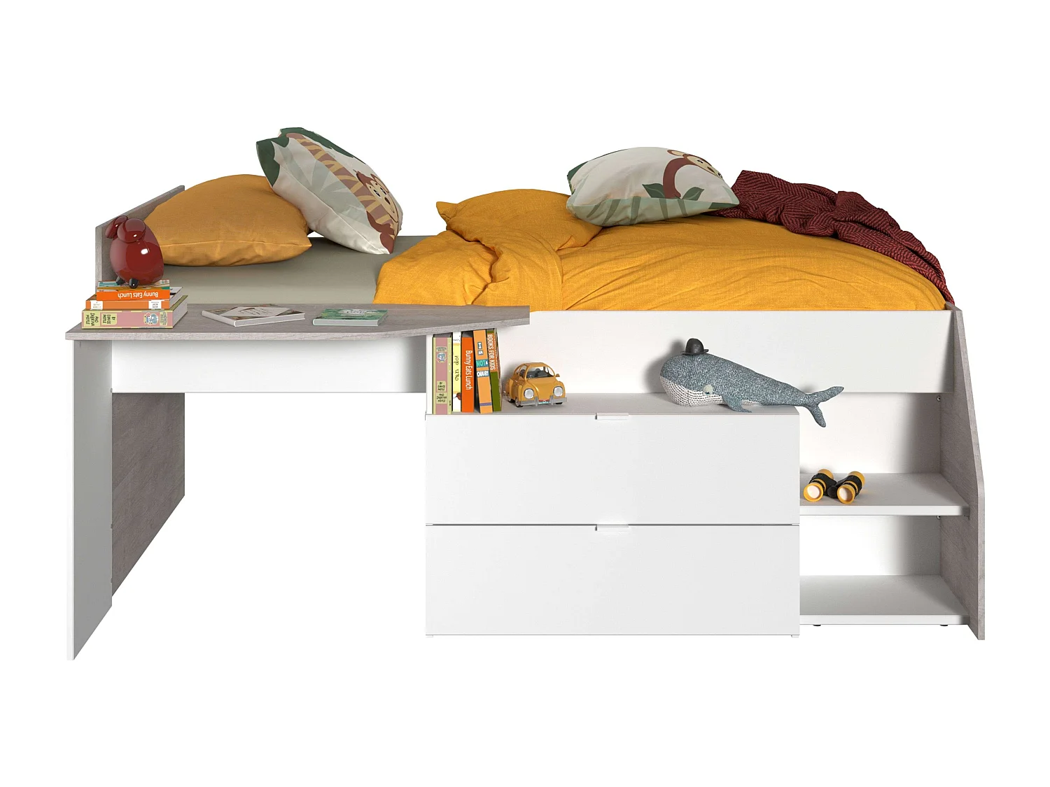 Cama Valky con escritorio 2 caj. blanco/gris dormitorio mueble 90X200/190 cm