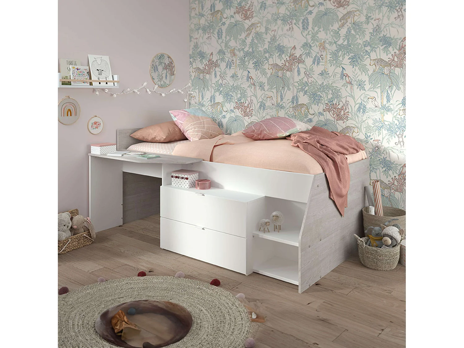 Cama Valky con escritorio 2 caj. blanco/gris dormitorio mueble 90X200/190 cm