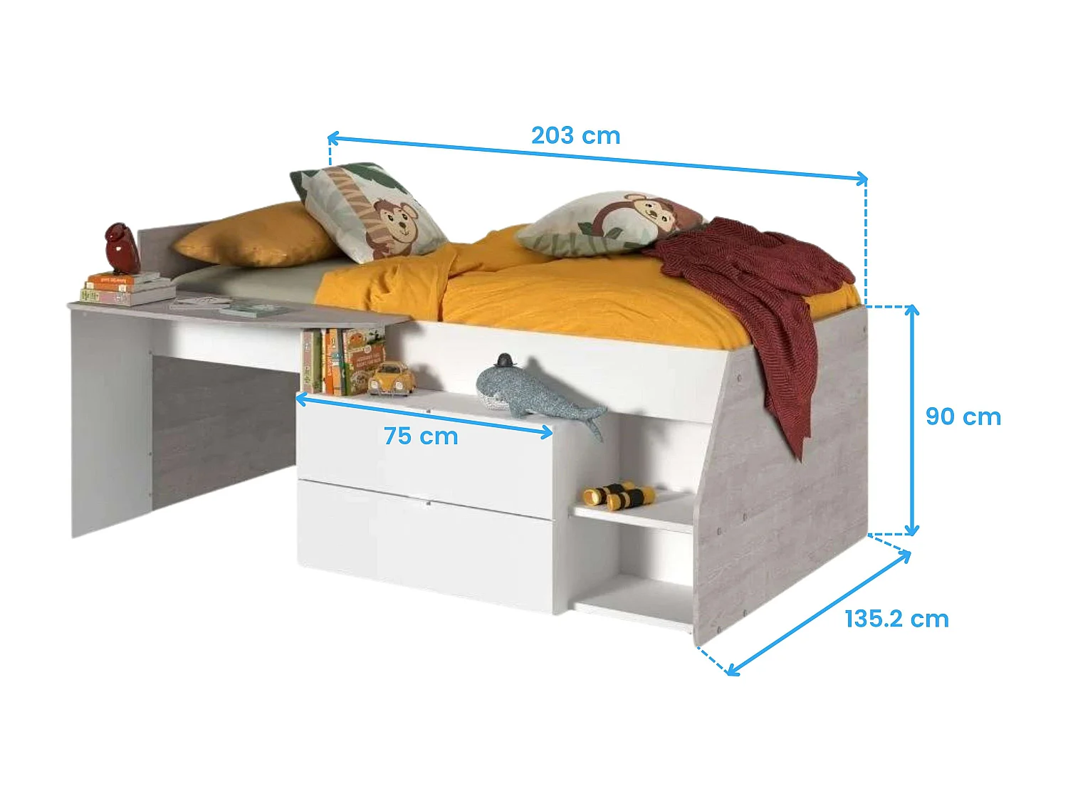 Cama Valky con escritorio 2 caj. blanco/gris dormitorio mueble 90X200/190 cm
