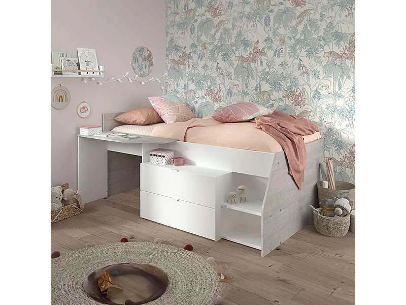 Cama Valky con escritorio 2 caj. blanco/gris dormitorio mueble 90X200/190 cm