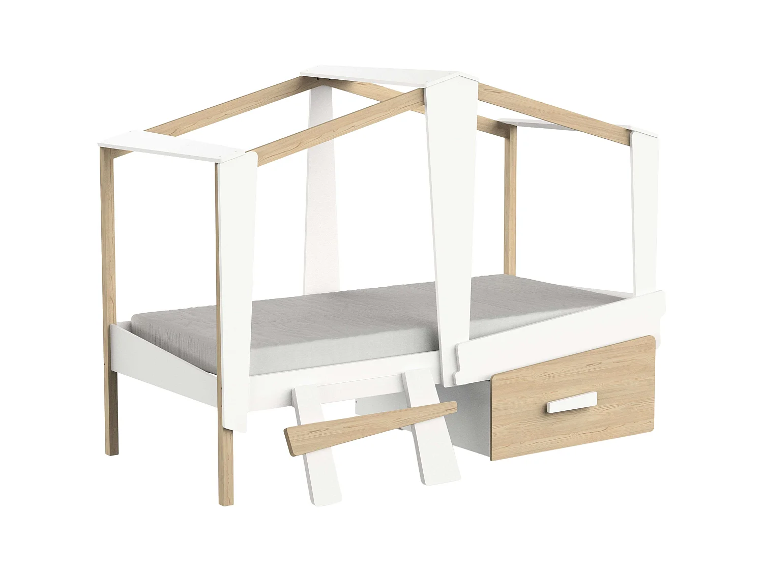 Cama Infantil Juvenil Cabane c/Cajón Roble y Blanco Mate 90x200 cm