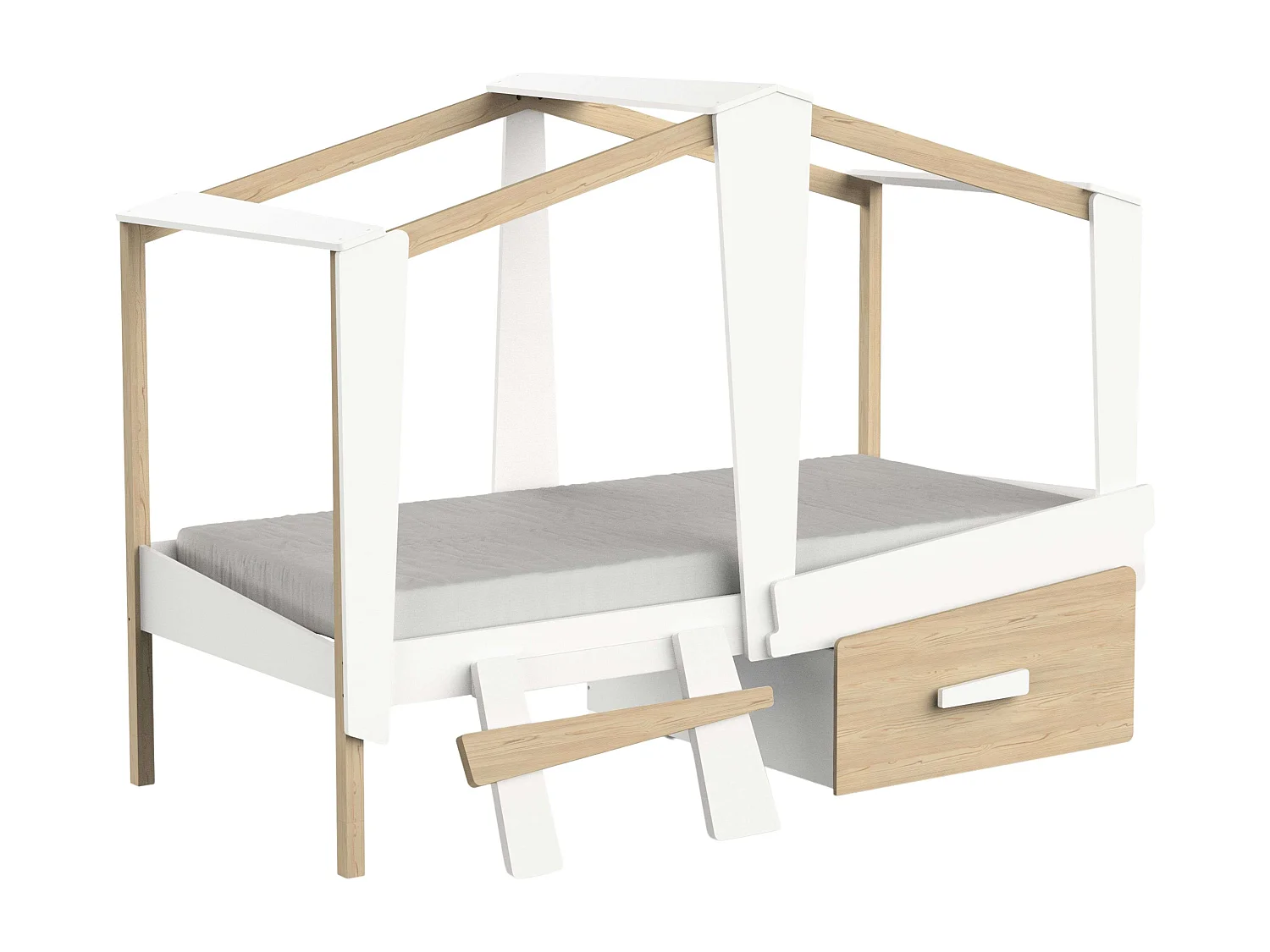 Cama Infantil Juvenil Cabane c/Cajón Roble y Blanco Mate 90x200 cm