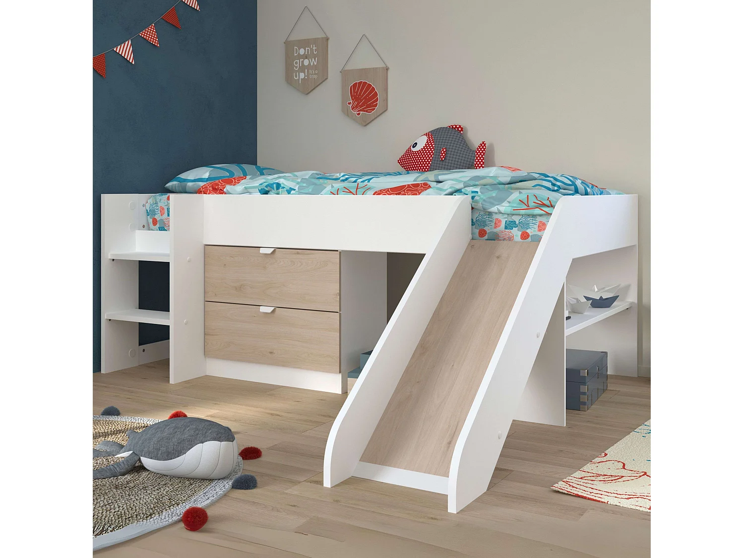 Cama Happy Melamina 78x204x184 cm - Roble/Blanco