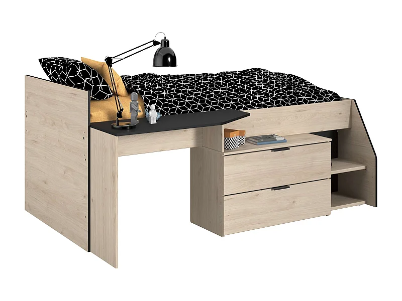 Cama Valky con escritorio 2 cajones infantil roble/negro 90X200/190 cm