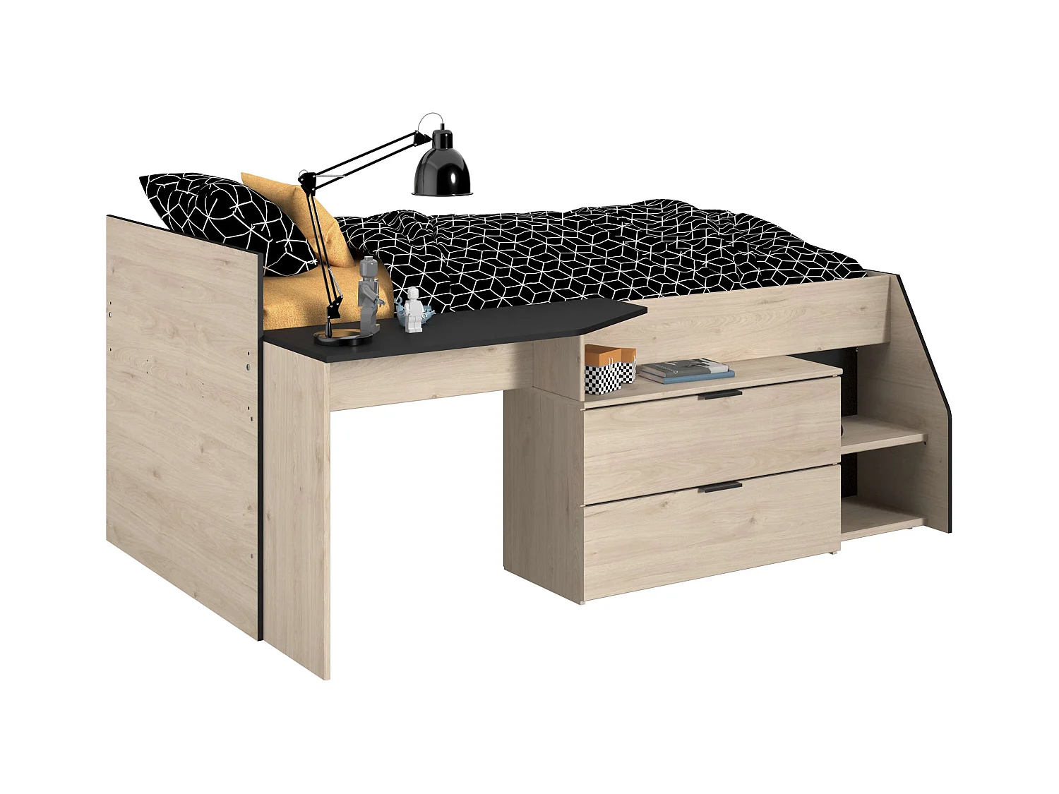 Cama Valky con escritorio 2 cajones infantil roble/negro 90X200/190 cm